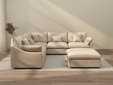 Sofá de lujo Cloud de 5 plazas, color caqui, lavable | 6 piezas (incluye 1 otomana), tela de chenilla y lino, diseño modular