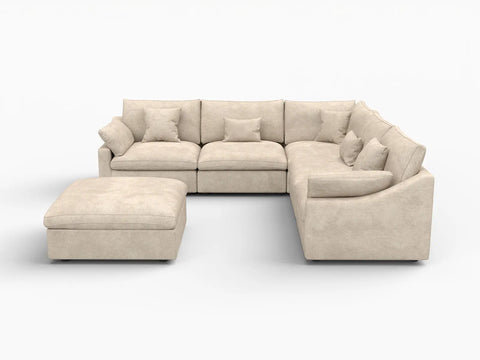 Deluxe Slope Cloud Sectional Sofa Covers | Khaki Chenille and Linen Sofa Cover for 5-Seater with 1-Ottoman