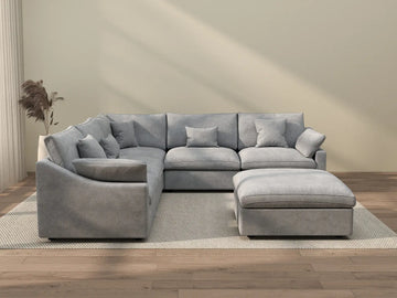 Deluxe Cloud 5-Seater Light-Grey Washable Sofa Set | 6-Piece (includes 1 Ottoman), Chenille and Linen Fabric, Modular Design
