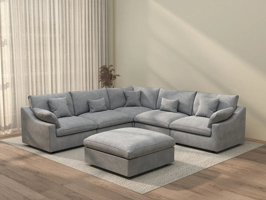 WJS Home 6 Piece Linen Light Grey Sofa Sets 5 Seater With 1 Ottoman_3