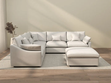 Deluxe Cloud 5-Seater White Washable Sofa Set | 6-Piece (includes 1 Ottoman), Chenille and Linen Fabric, Modular Design