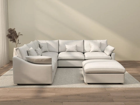 Sofás seccionales Deluxe Slope Cloud | Conjuntos de sofás de lino caqui de 6 piezas, 5 plazas y 1 otomana