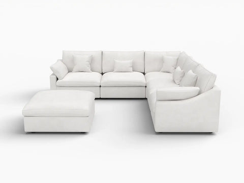 Deluxe Slope Cloud Sectional Sofa Covers | White Chenille and Linen Sofa Cover for 5-Seater with 1-Ottoman