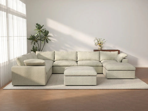 Deluxe Cloud 6-Seater Khaki Storage Sofa Set | 8-Piece (includes 2 Ottomans), Cotton and Linen Fabric, Washable Covers