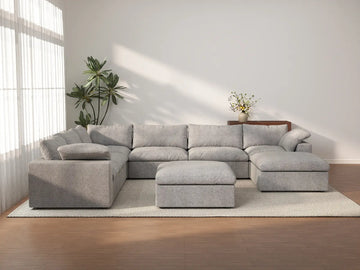 Deluxe Cloud 6-Seater Light-Grey Storage Sofa Set | 8-Piece (includes 2 Ottomans), Cotton and Linen Fabric, Washable Covers
