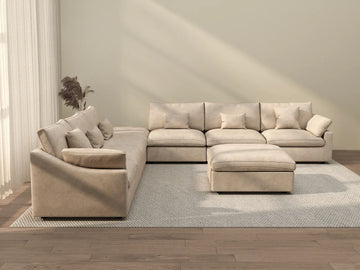 Deluxe Cloud 6-Seater Khaki Washable Sofa Set | 8-Piece (includes 2 Ottomans), Chenille and Linen Fabric, Modular Design