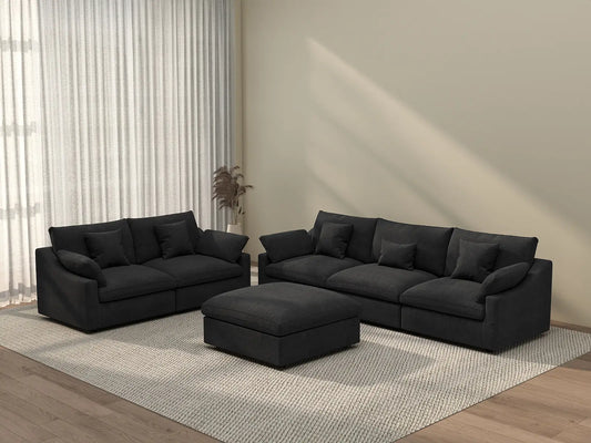 Deluxe Cloud 5-Seater Black Pit Sectional | 6-Piece (Includes 1 Ottoman), Chenille And Linen Fabric, Washable Cushion Covers