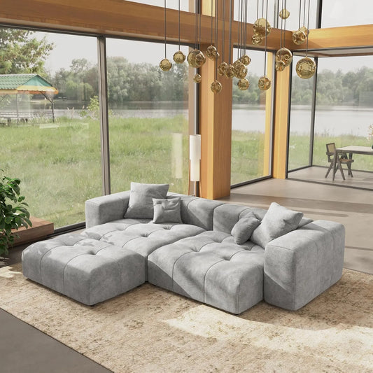 Matrix Classic Modular Sofas | 3-Piece Light Grey Cotton and Linen Chaise Sectionals 2-seater
