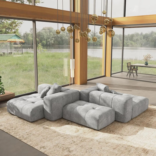 Matrix Classic Modular Sofas | 4-Piece Light Grey Cotton and Linen Sofa Sets 2-seater