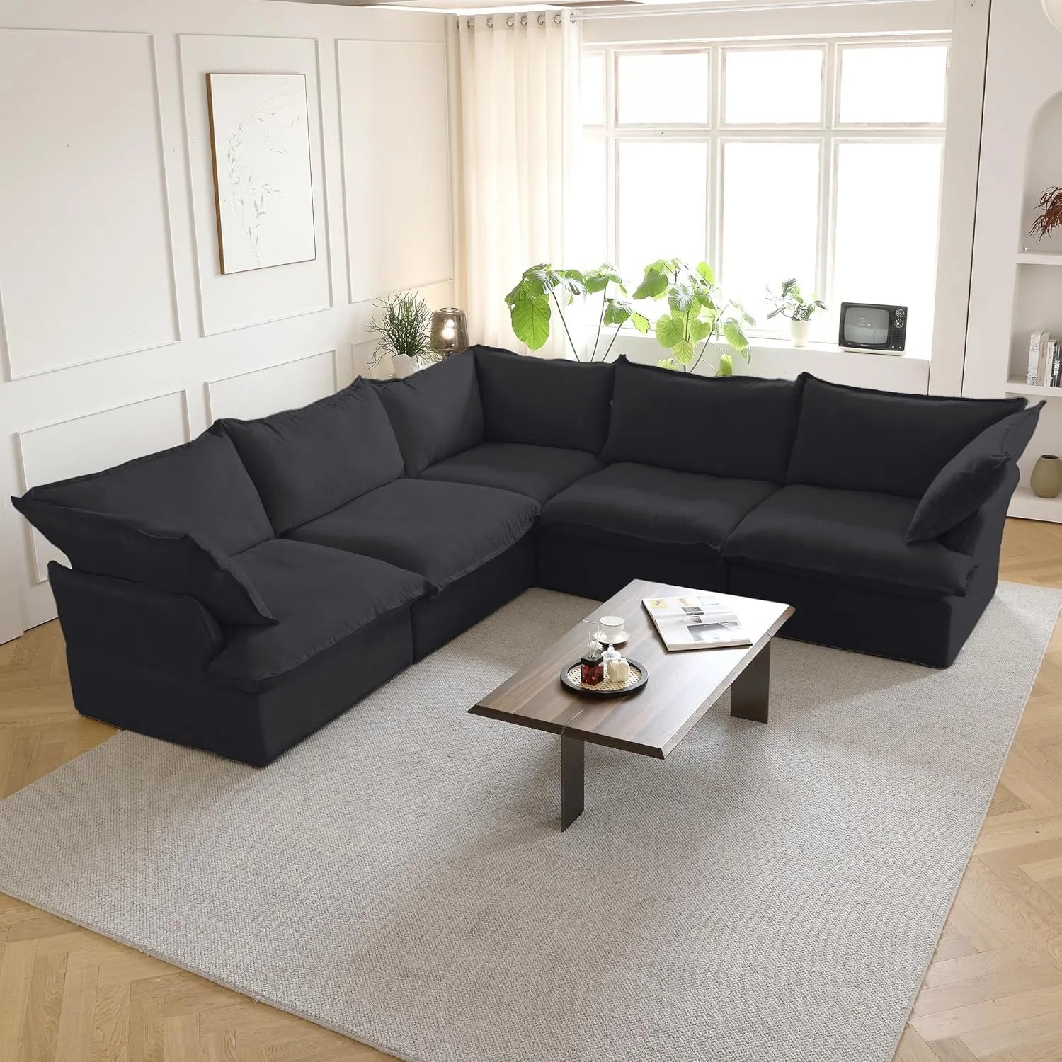 Deluxe Linen Cloud Sectional Sofas | 5-Piece Black Cotton and Linen V shaped Sectionals 5-seaters