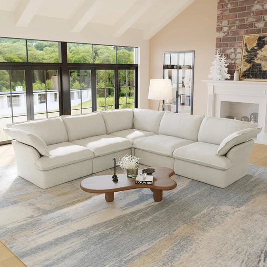 Deluxe Linen Cloud Sectional Sofas | 5-Piece White Cotton and Linen V shaped Sectionals 5-seaters