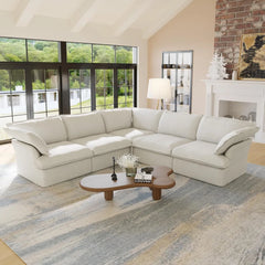 Deluxe Linen Cloud Sectional Sofas | 5-Piece White Cotton and Linen V shaped Sectionals 5-seaters