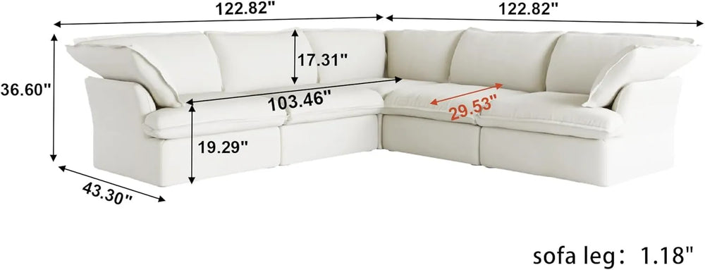 Deluxe Linen Cloud Sectional Sofas | 5-Piece White Cotton and Linen V shaped Sectionals 5-seaters