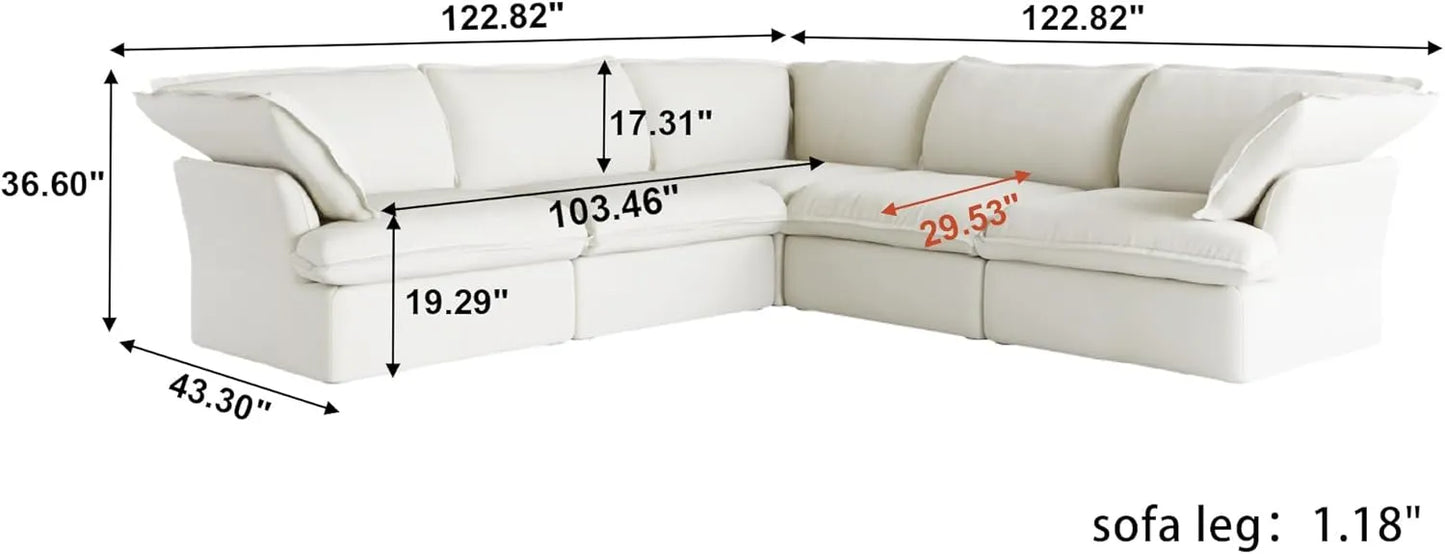 Deluxe Linen Cloud Sectional Sofas | 5-Piece White Cotton and Linen V shaped Sectionals 5-seaters