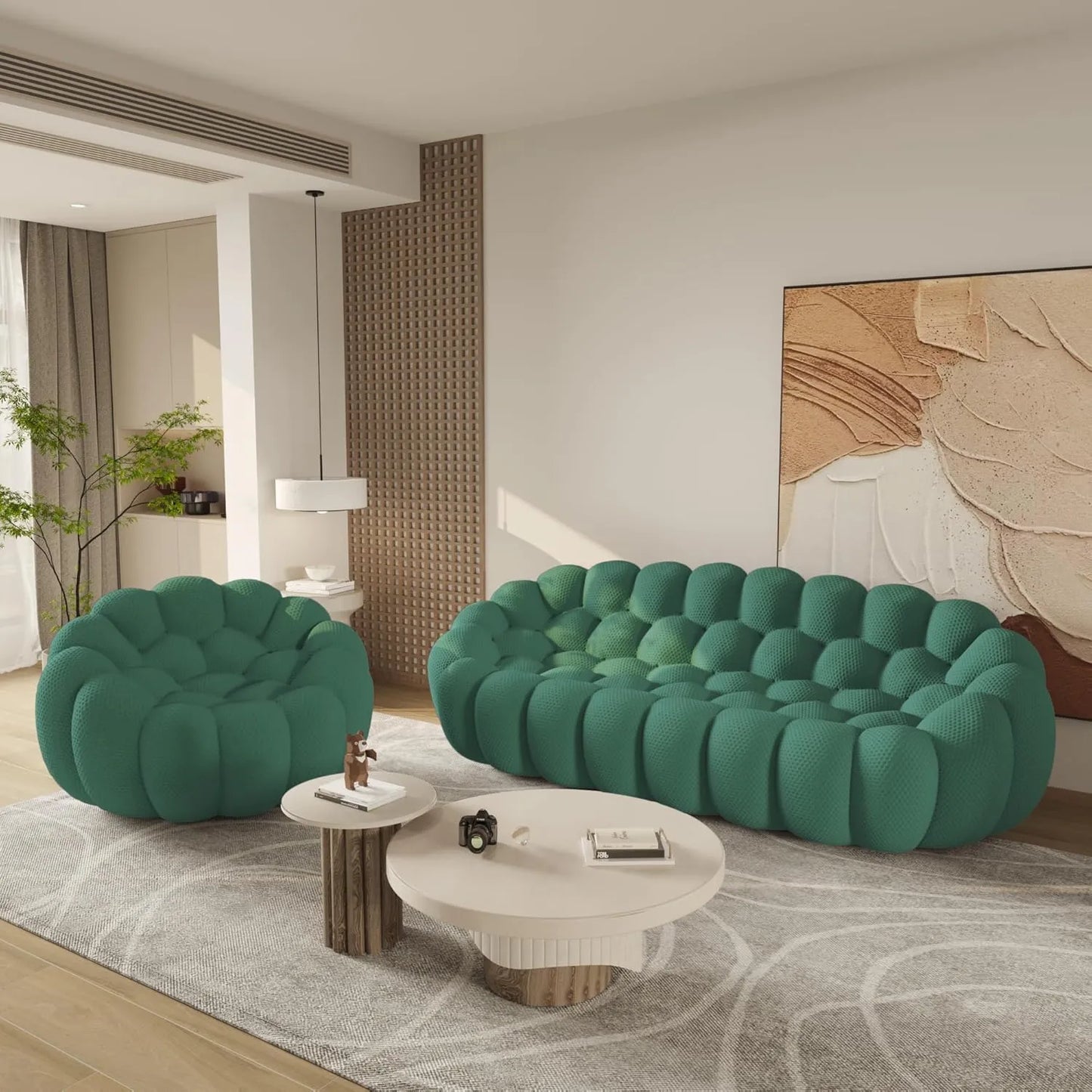 Essential Floor Sofas | Green 3D Knitted Fabric L shaped Sectionals 3-seaters with 1 Ottoman