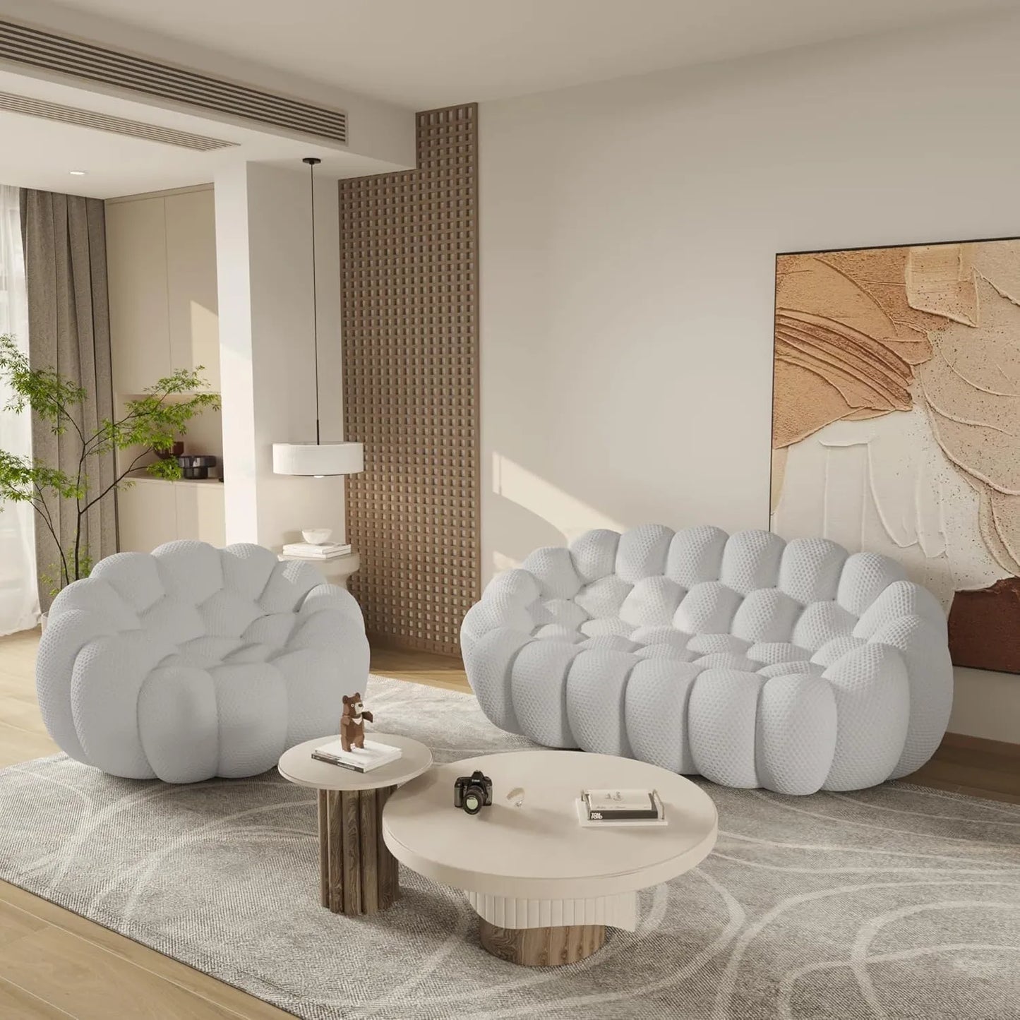 Essential Floor Sofas | Light Grey 3D Knitted Fabric Couch Sectionals 3-seaters