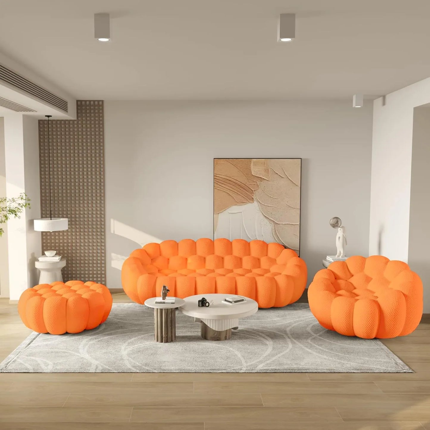 Essential Floor Sofas | Orange 3D Knitted Fabric L shaped Sectionals 4-seaters with 1 Ottoman
