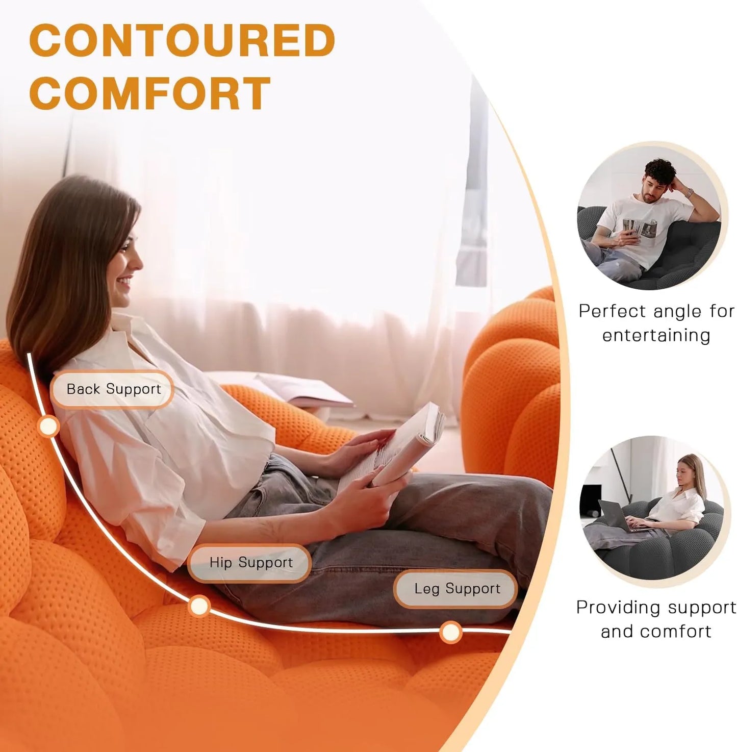 Essential Floor Sofas | 1-Piece Orange 3D Knitted Fabric Loveseats 3-seaters