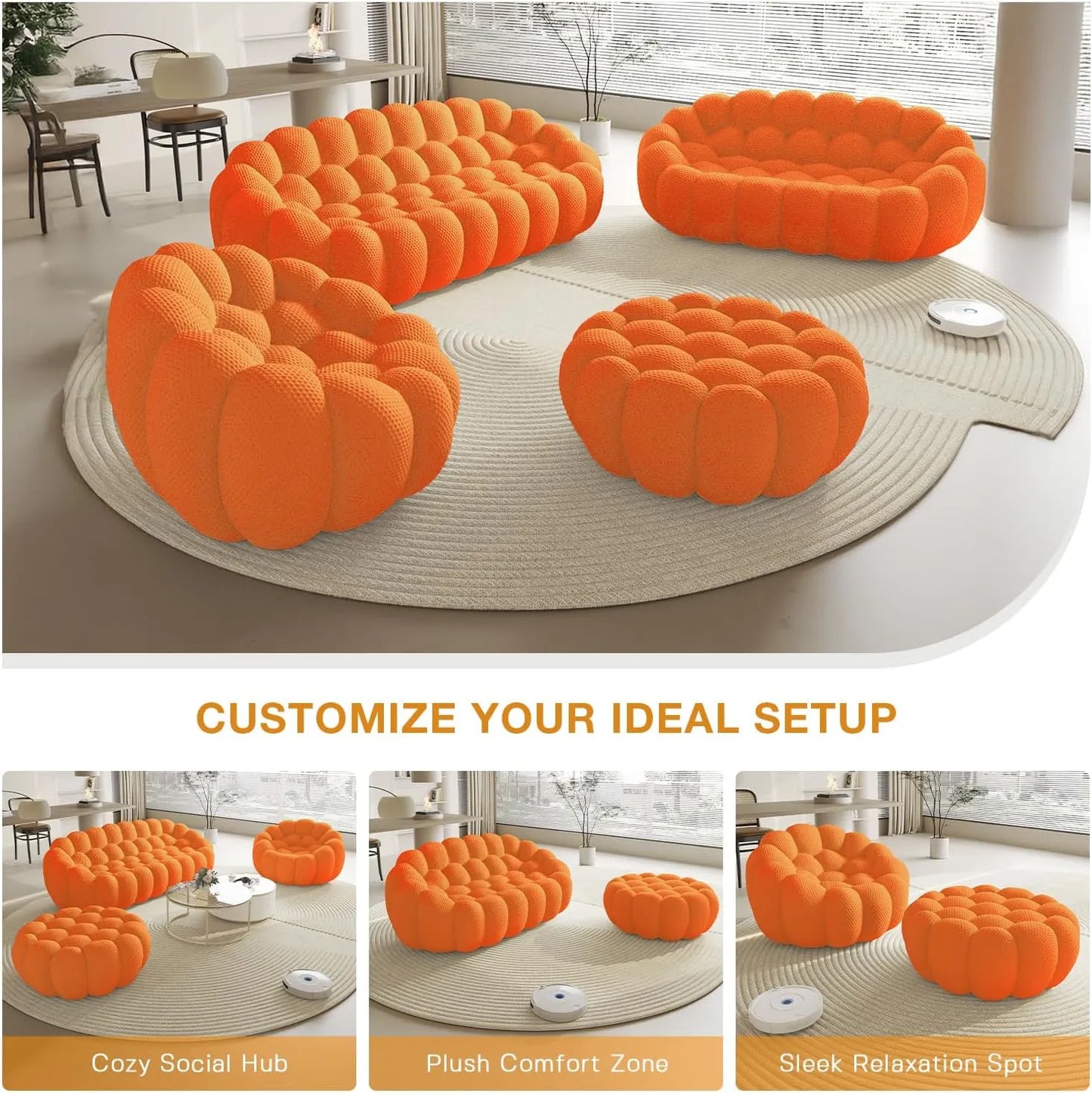 Essential Floor Sofas | 1-Piece Orange 3D Knitted Fabric Loveseats 3-seaters