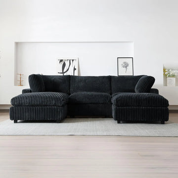 Sofá modular modular Deluxe Cloud de 3 plazas, color negro, lavable, en forma de U | 5 piezas (incluye 2 otomanas), tejido de felpa, diseño modular