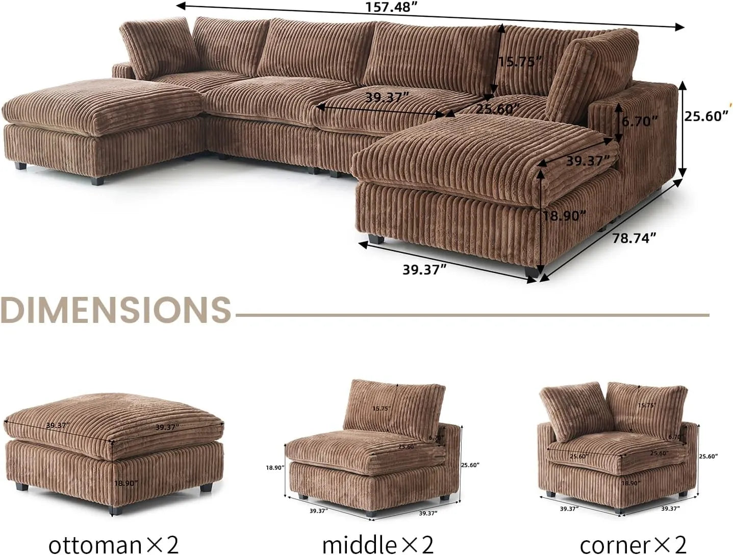 Deluxe Classic Cloud Sectional Sofas | Brown Plush Fabric U shaped Sectionals 4-seaters