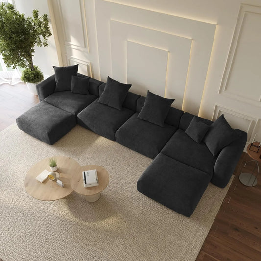 Sofás modulares modernos Matrix | Seccionales en forma de U de 6 piezas de pana negra para 4 plazas