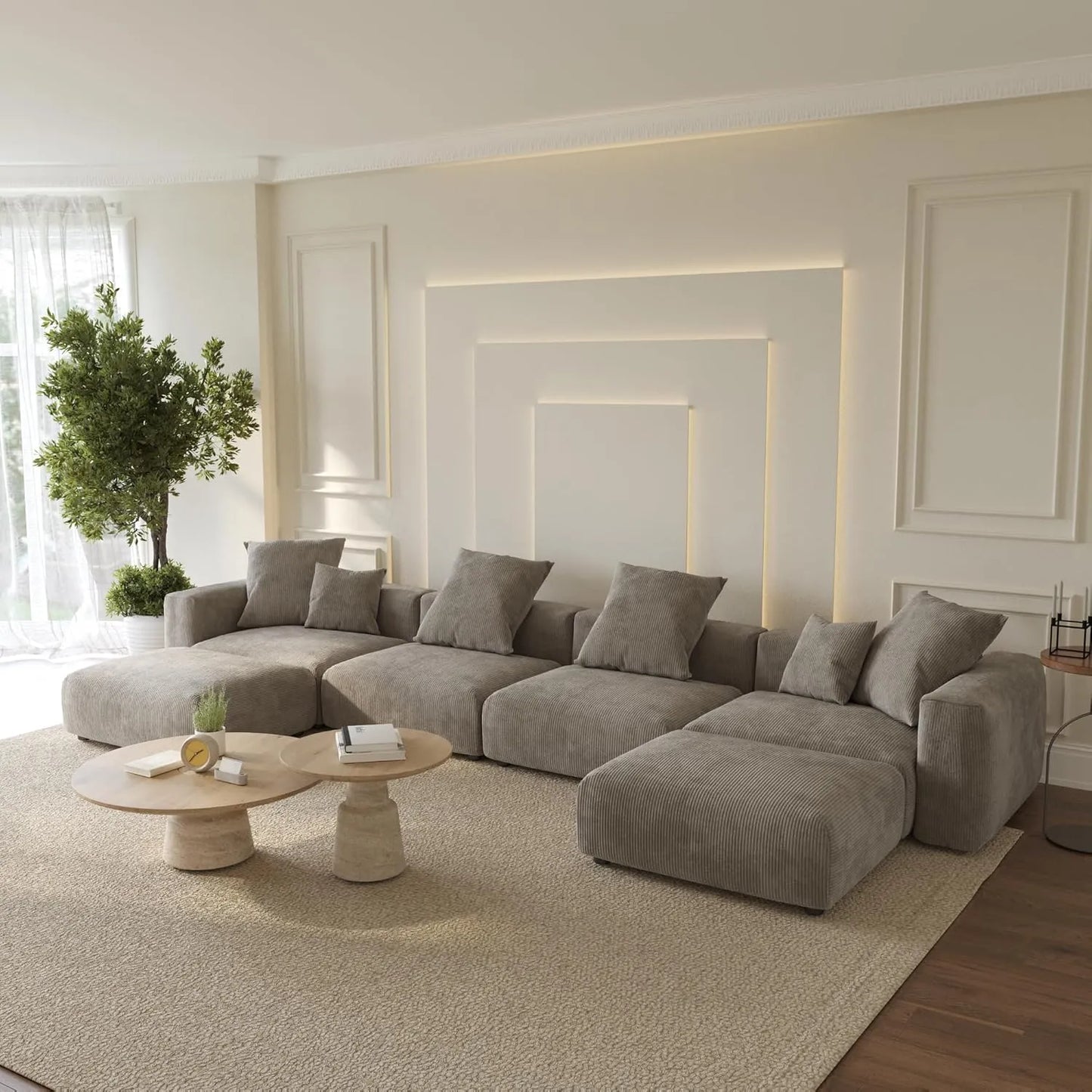 Matrix Modern Modular Sofas | 6-Piece Brown Corduroy U-Shaped Sectionals 4-Seater