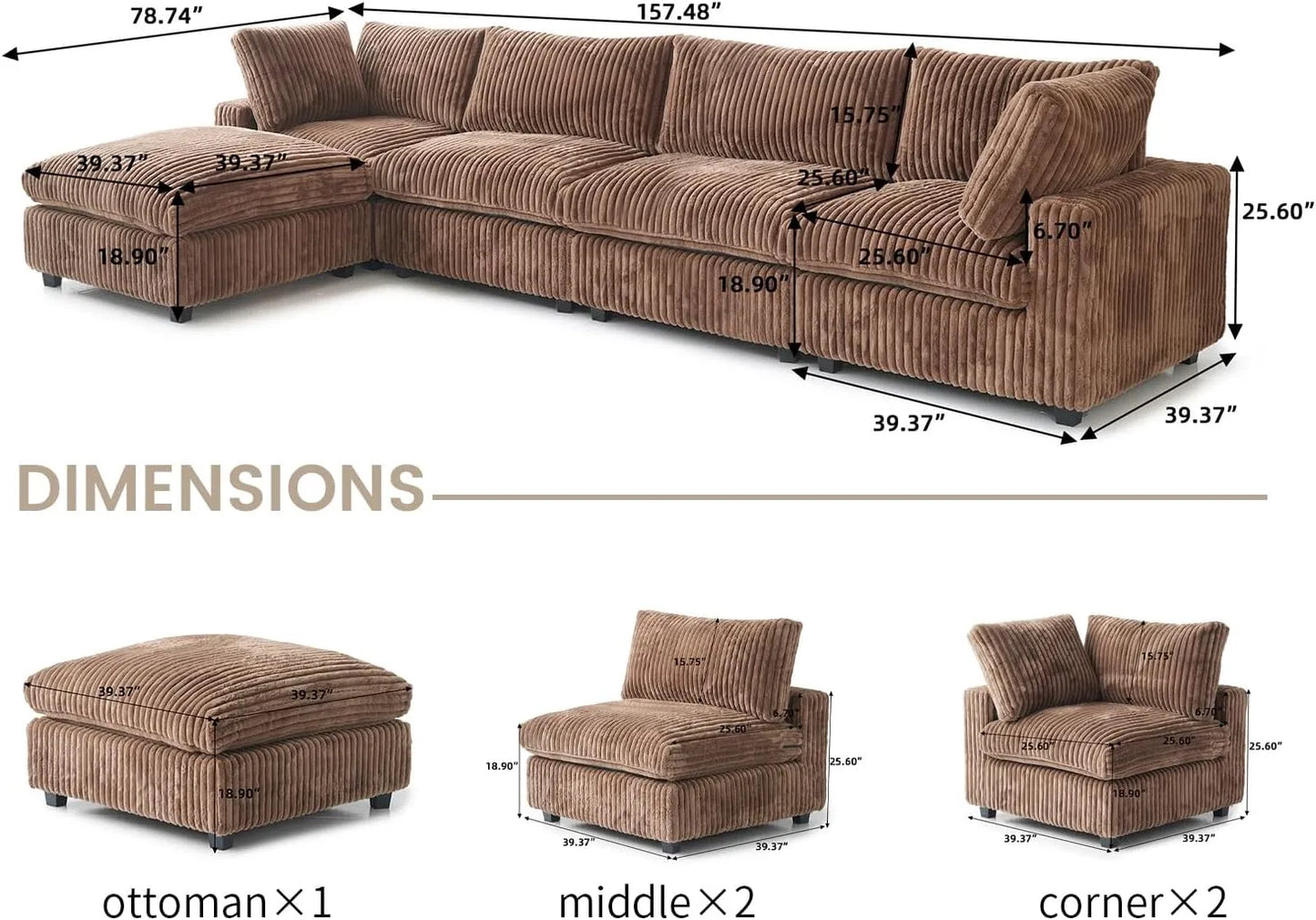Deluxe Classic Cloud Sectional Sofas | Brown Plush Fabric L shaped Sectionals 4-seaters with 1 Ottoman