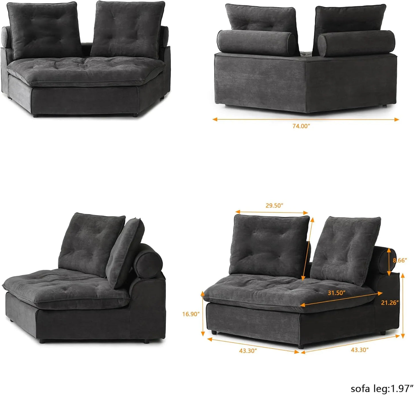 Deluxe Adjustable Cloud Sectional Sofas | Grey Frosted Velvet Loveseats 2-seaters