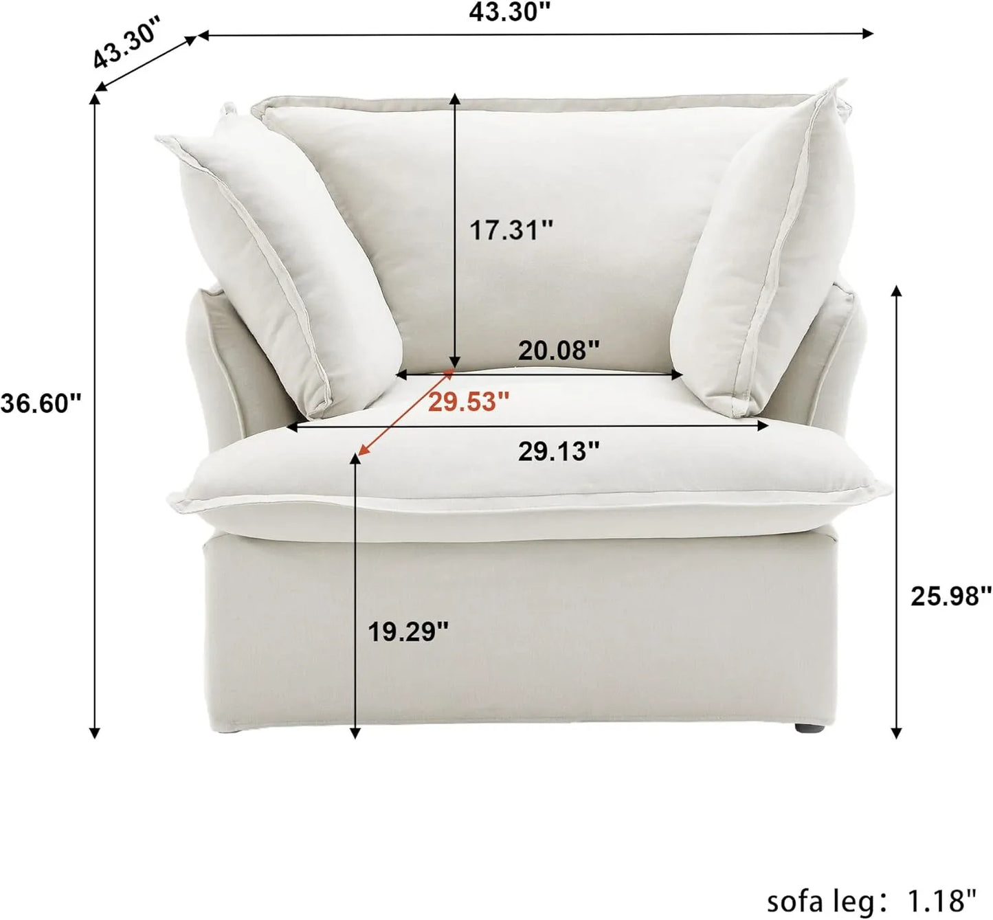 Deluxe Linen Cloud Sectional Sofas | White Cotton and Linen Single Seat 1-seater
