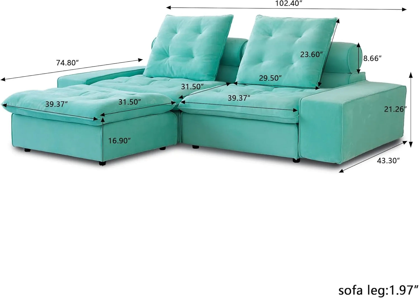 Deluxe Adjustable Cloud Sectional Sofas | Tiffany Blue Frosted Velvet Loveseats 2-seaters with 1 Ottoman