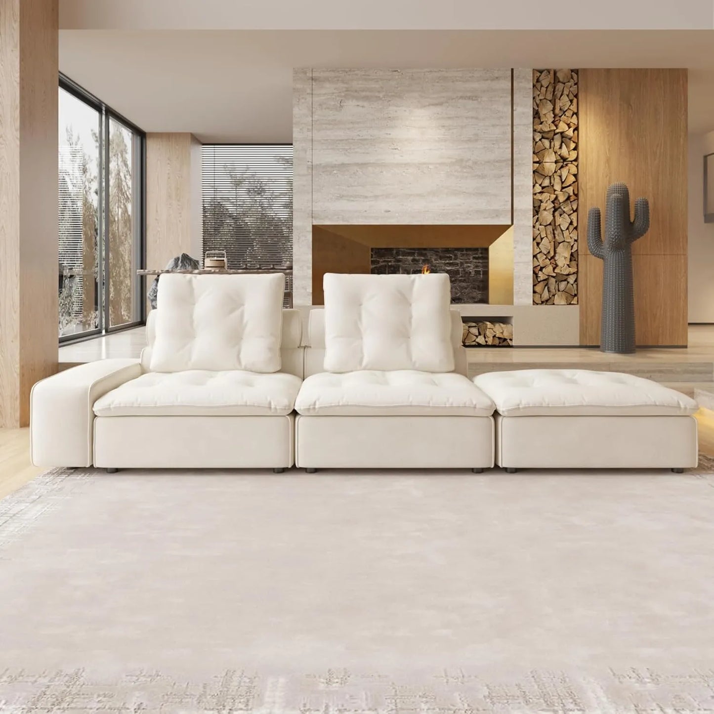 Deluxe Adjustable Cloud Sectional Sofas | Beige Frosted Velvet Loveseats 2-seaters with 1 Ottoman