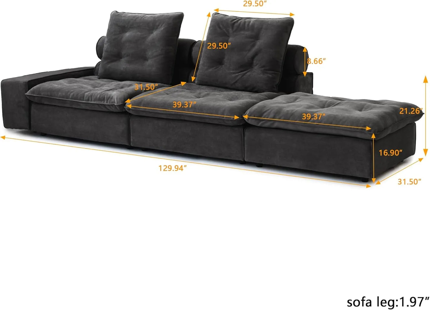 Deluxe Adjustable Cloud Sectional Sofas | Grey Frosted Velvet Loveseats 2-seaters with 1 Ottoman
