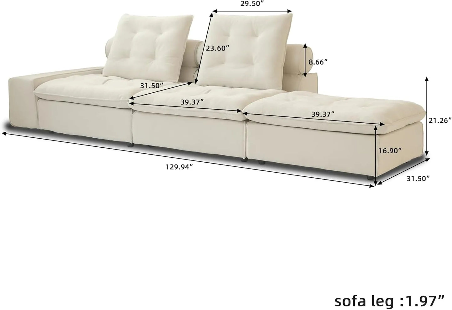 Deluxe Adjustable Cloud Sectional Sofas | Beige Frosted Velvet Loveseats 2-seaters with 1 Ottoman