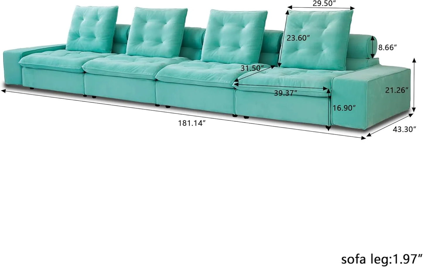 Deluxe Adjustable Cloud Sectional Sofas | Tiffany Blue Frosted Velvet Couch Sectionals 4-seaters