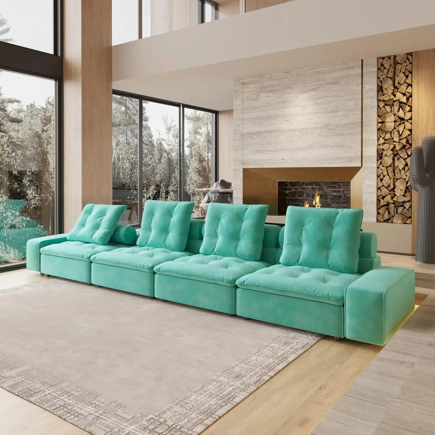 Deluxe Adjustable Cloud Sectional Sofas | Tiffany Blue Frosted Velvet Couch Sectionals 4-seaters