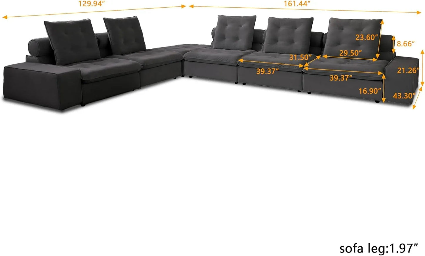 Deluxe Adjustable Cloud Sectional Sofas | Grey Frosted Velvet Couch Sectionals 5-seaters with 1 Ottoman