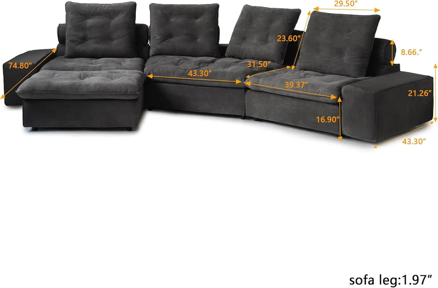 Deluxe Adjustable Cloud Sectional Sofas | Grey Frosted Velvet L shaped Sectionals 4-seaters with 1 Ottoman
