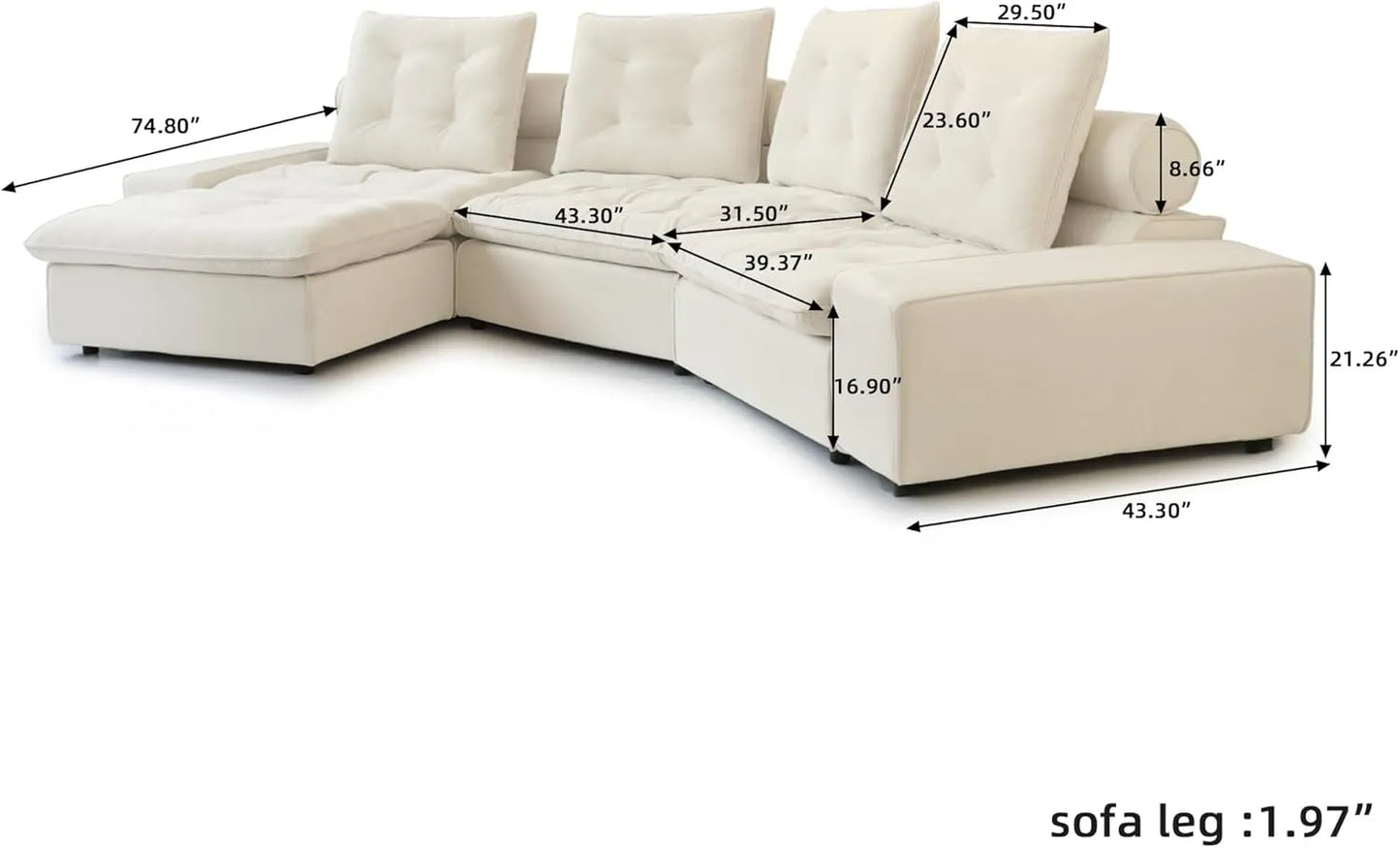 Deluxe Adjustable Cloud Sectional Sofas | Beige Frosted Velvet L shaped Sectionals 4-seaters with 1 Ottoman