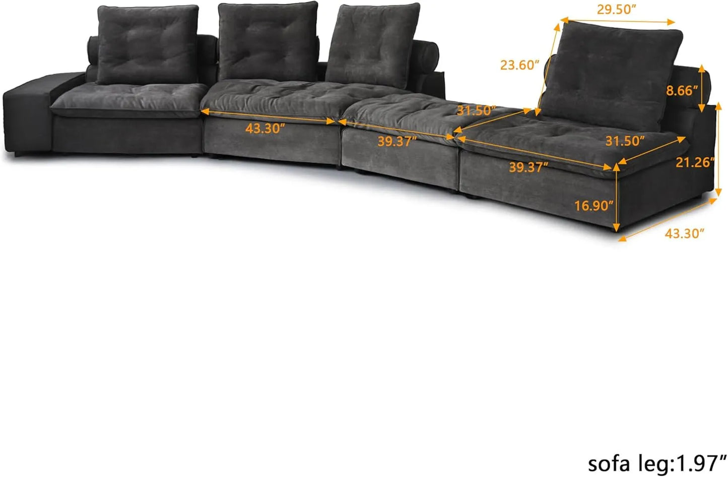 Deluxe Adjustable Cloud Sectional Sofas | Grey Frosted Velvet L shaped Sectionals 4-seaters with 1 Ottoman