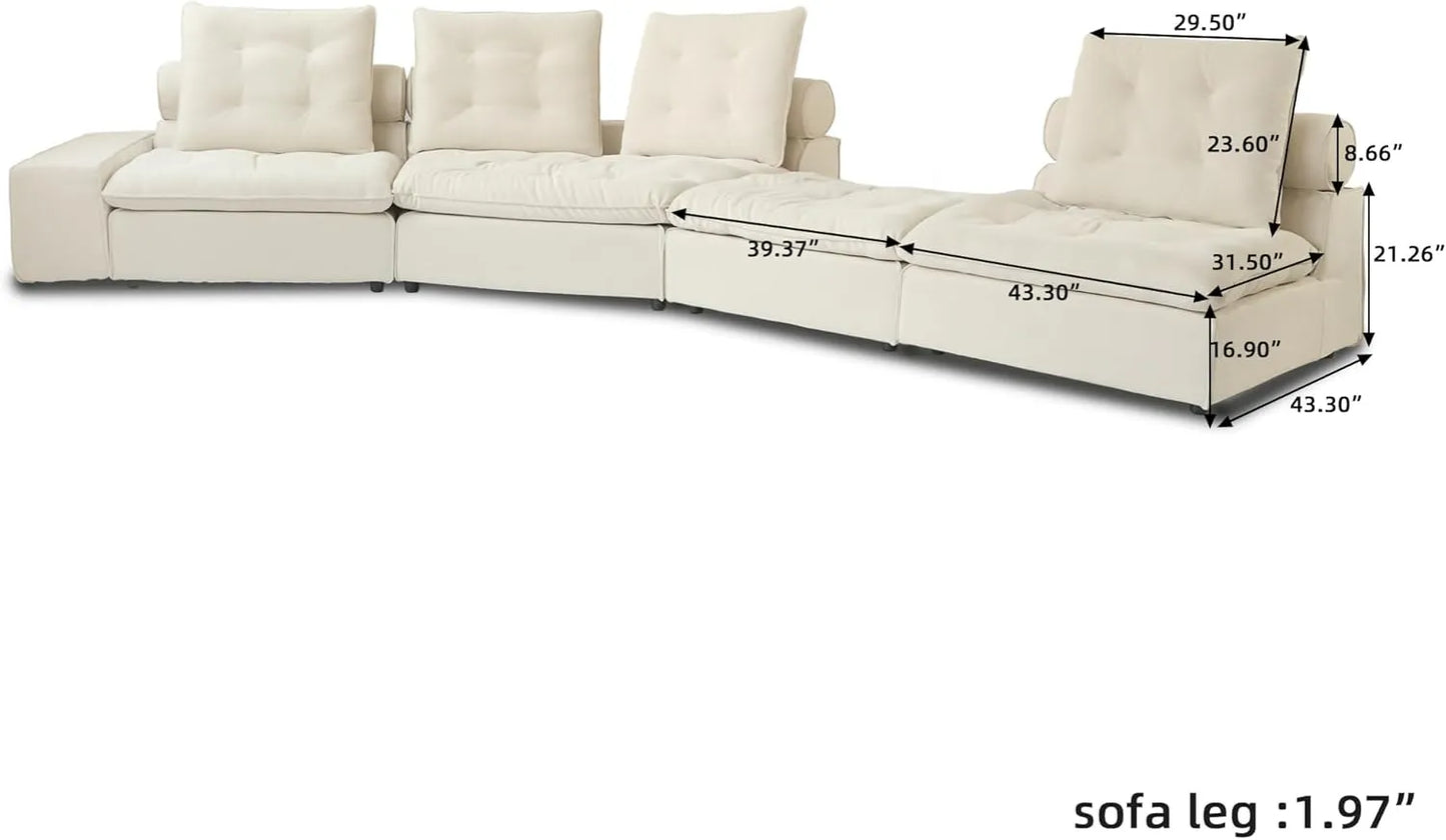 Deluxe Adjustable Cloud Sectional Sofas | Beige Frosted Velvet L shaped Sectionals 4-seaters with 1 Ottoman