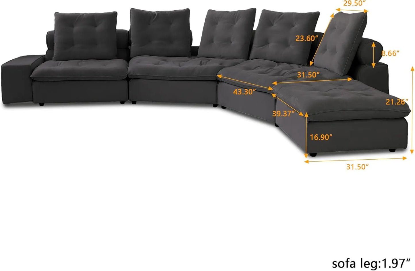 Deluxe Adjustable Cloud Sectional Sofas | Grey Frosted Velvet U shaped Sectionals 5-seaters with 1 Ottoman