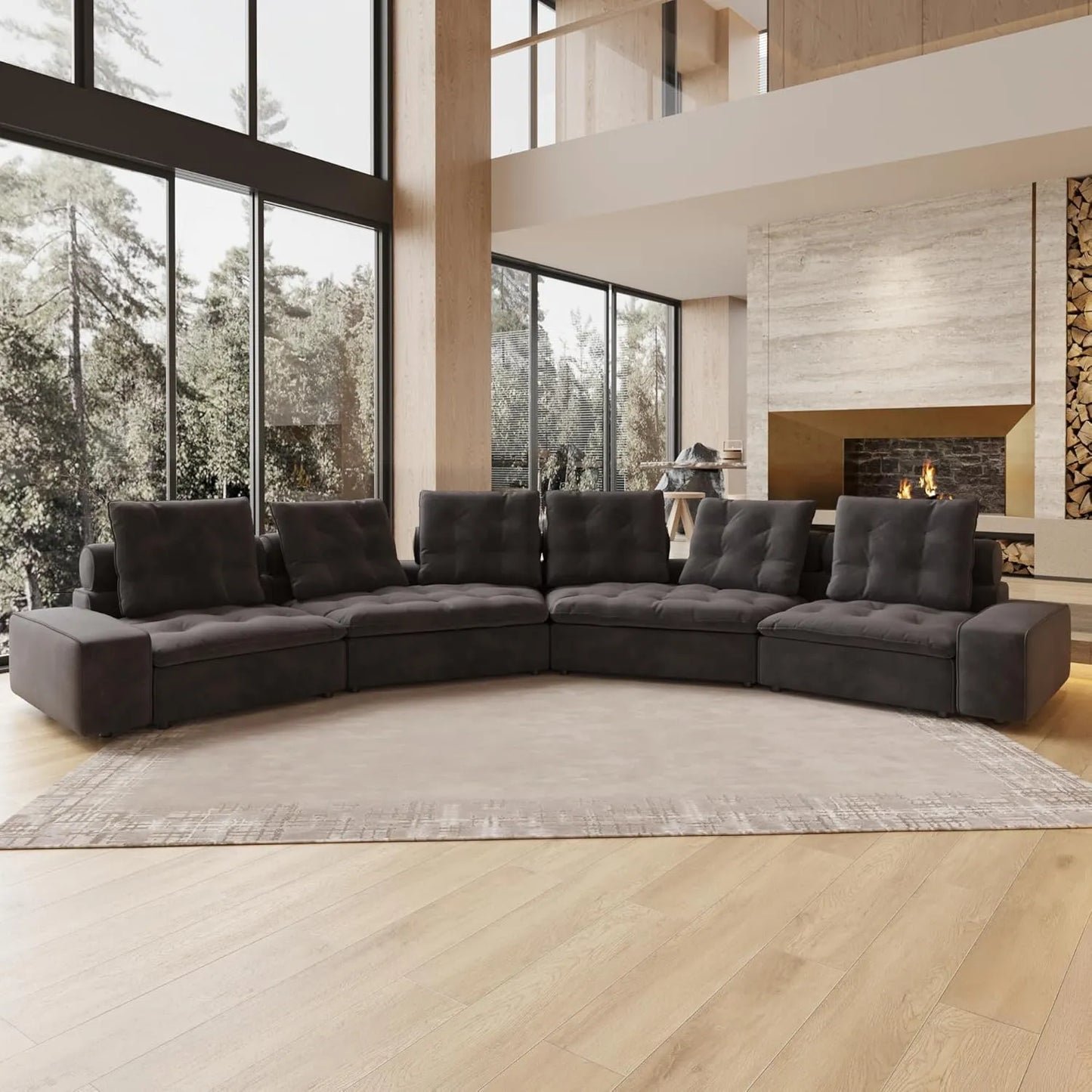 Deluxe Adjustable Cloud Sectional Sofas | Grey Frosted Velvet U shaped Sectionals 6-seaters