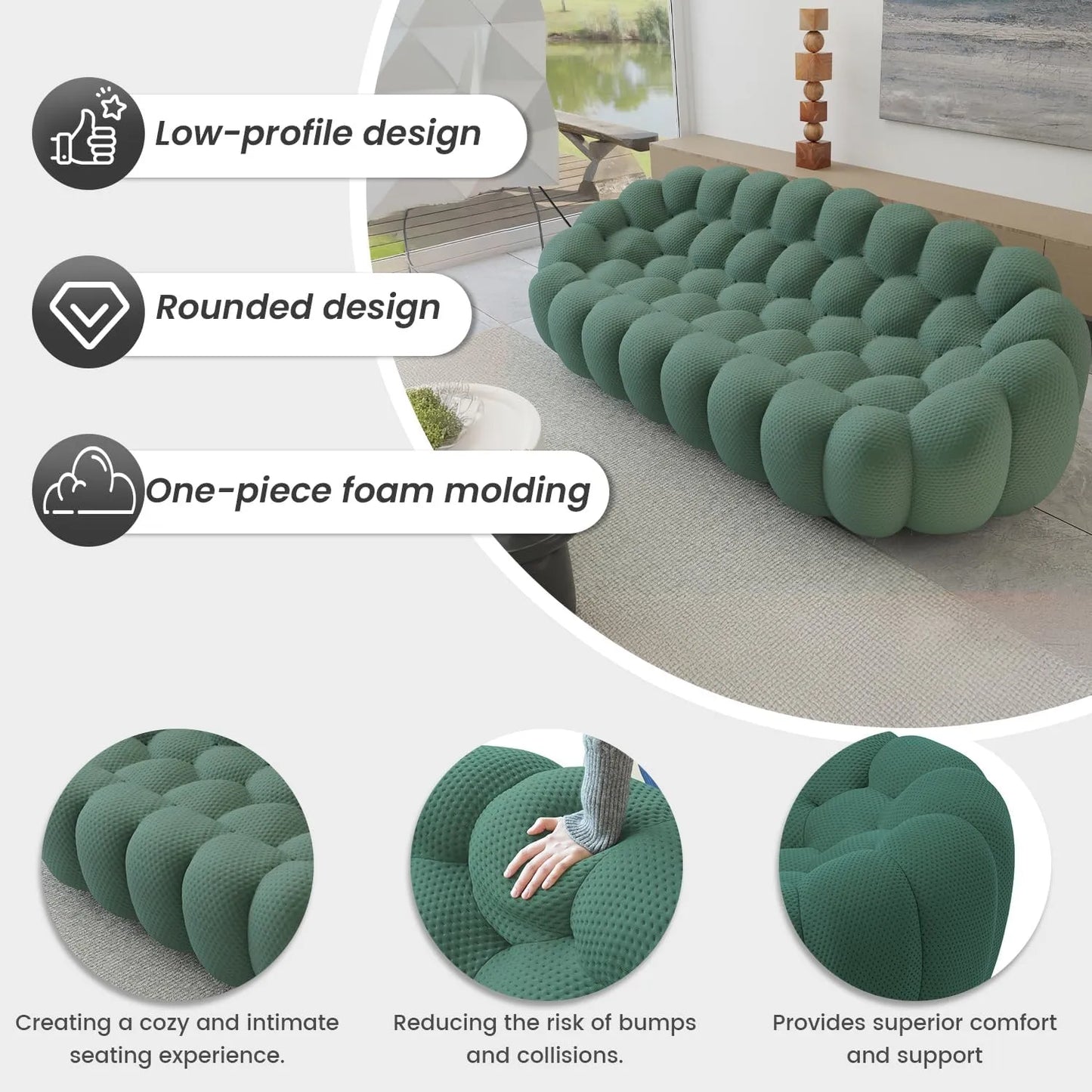 Essential Floor Sofas | Green 3D Knitted Fabric Couch Sectionals 3-seaters
