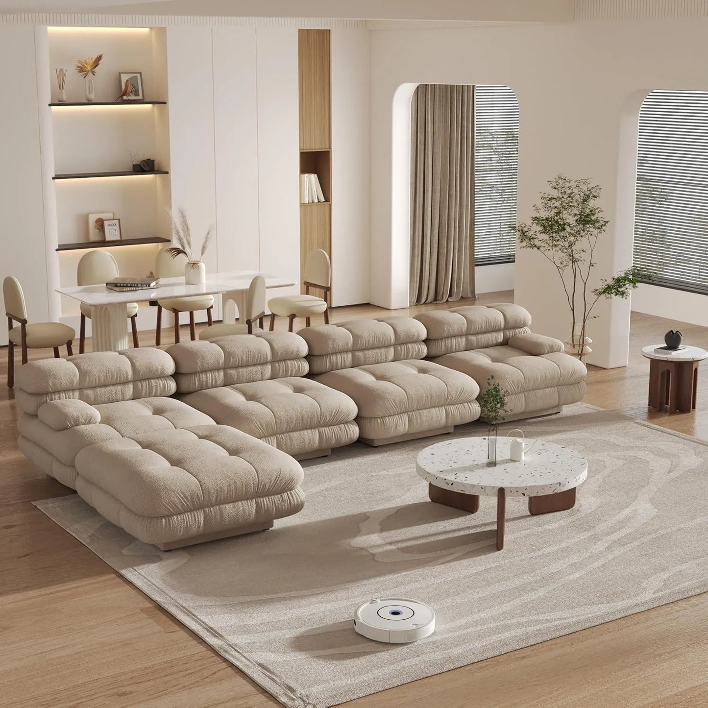 Matrix Italian Modular Sofas | Light Brown Teddy Velvet L shaped Sectionals 4-seaters with 1 Ottoman