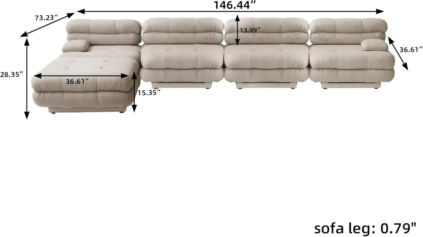 Matrix Italian Modular Sofas | Light Brown Teddy Velvet L shaped Sectionals 4-seaters with 1 Ottoman