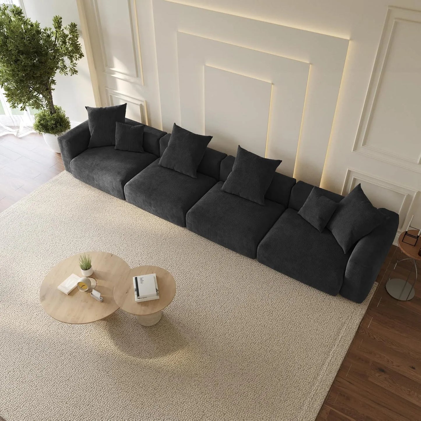 Sofás modulares modernos Matrix | Sofá seccional de 4 piezas de pana negra de 4 plazas