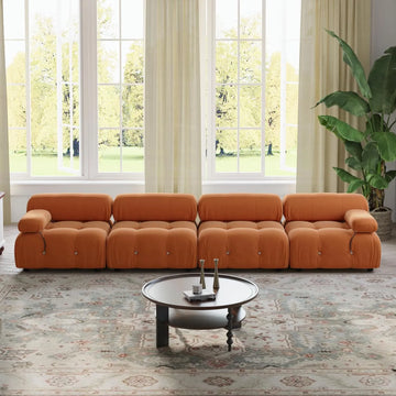 Matrix 4-Seater Dark-Orange Modular Couch Sectional | 4-Piece, Velvet Fabric, Roomy Layout