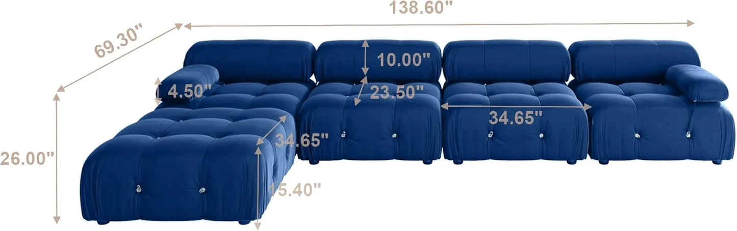 Matrix Minimalist Modular Sofas | Blue Velvet Couch Sectionals 4-seaters with 1 Ottoman