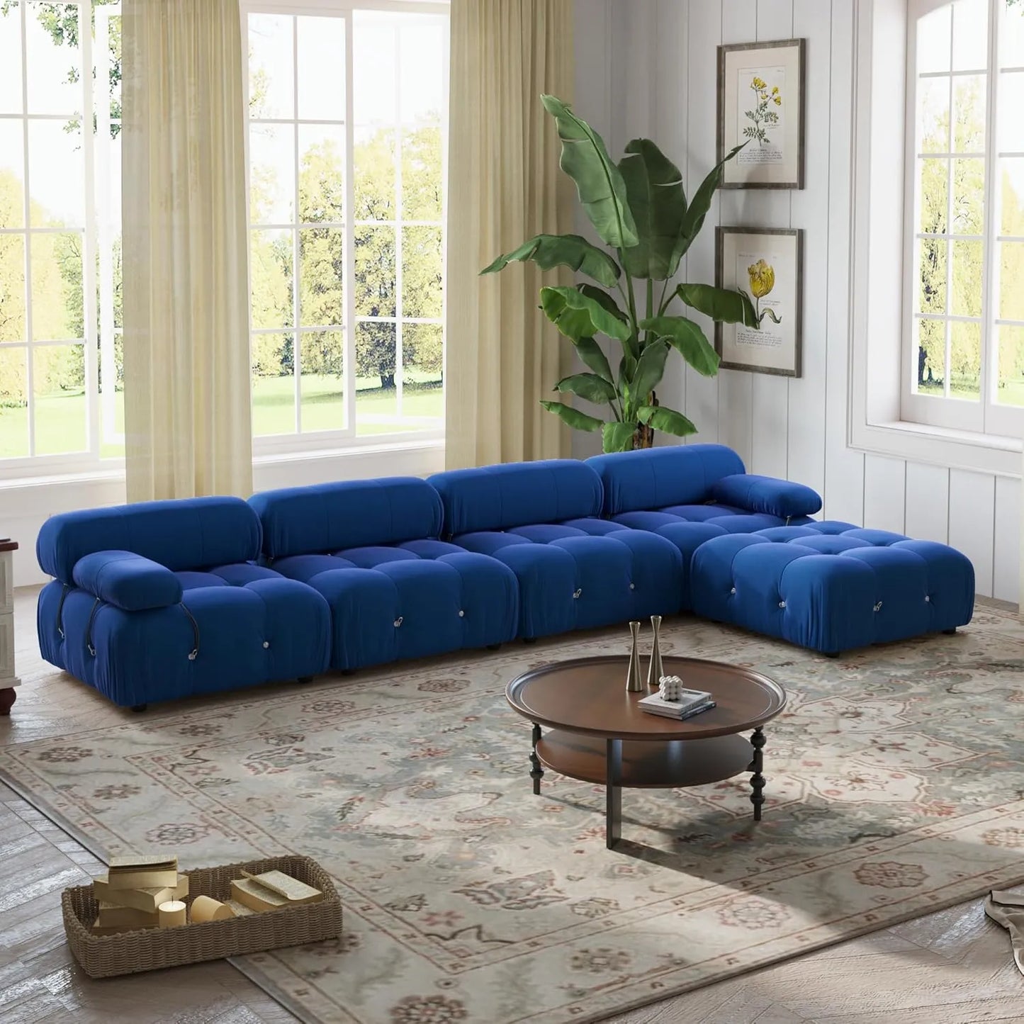 Matrix Minimalist Modular Sofas | Blue Velvet Couch Sectionals 4-seaters with 1 Ottoman
